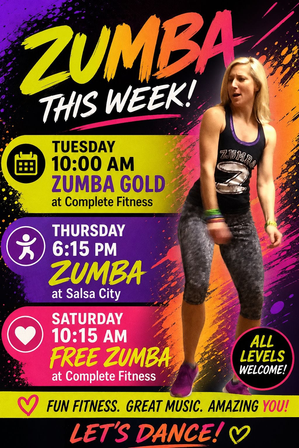 3 chances.
Good music.
Zero judgment.
LOTS of sweat. 💃🔥

Tuesday • Thursday • Saturday (FREE!)
Come dance with me, girl—you won’t regret it 😉

Who's joining me??